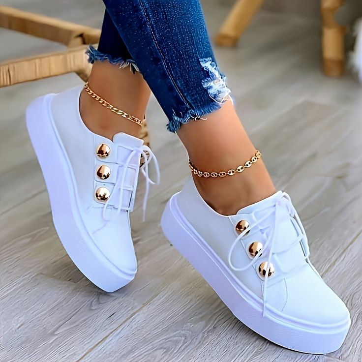 Sneakers Women Flats Round Toe Solid Color Casual Tennis Female Footwear Metal Button Decor Comfortable Ladies Vulcanized Shoe