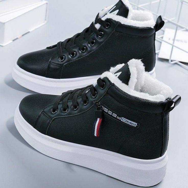 Womens casual sneakers winter plush fur warm thickening lacing tennis vulcanized black rubber shoes