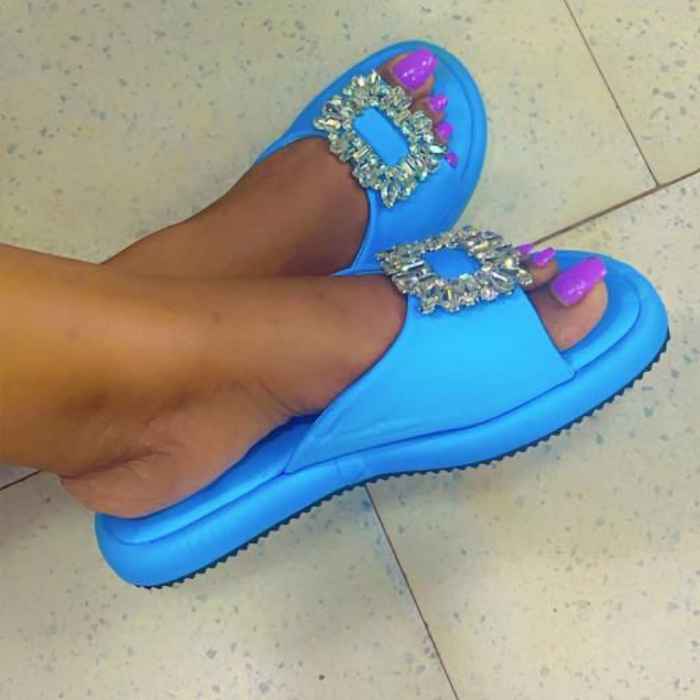 Ladies Padded Rhinestones Slides - Blue