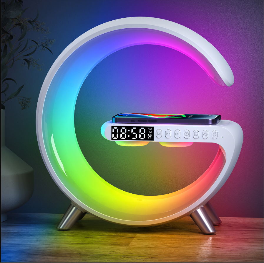 15W Speaker Multifunctional Fast Wireless Charger,  Rgb Light G Shaped 2 Type-c Fast Control Time Alarm Clock Bluetooth Speaker