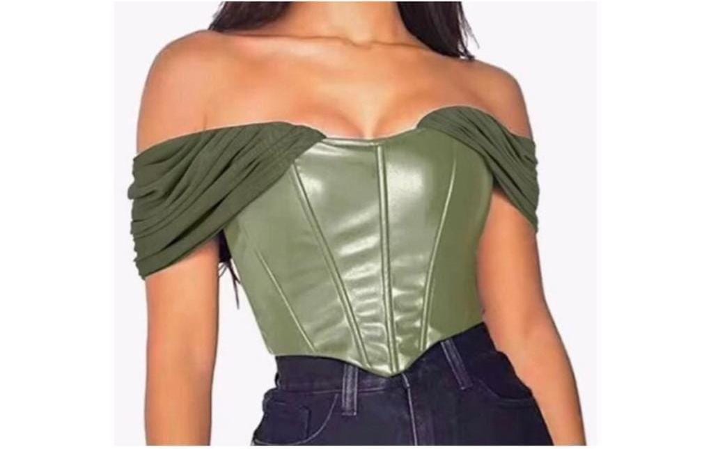 L'VOW Women's Sexy PU Leather Sweetheart Crop Top Off Shoulder Corset Mesh Sleeve Patchwork Boned Bustier green