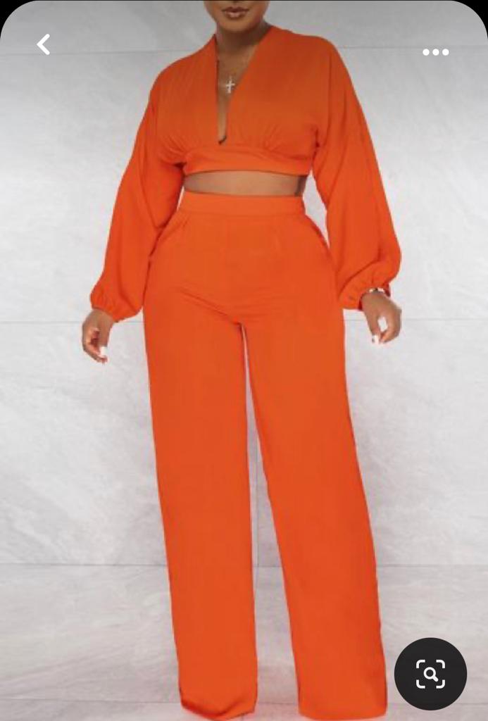 Sexy Deep V Neck Cropped Blouse With Straight Pants Suits Solid Puff Sleeve Shirt And Pants Two Piece Set