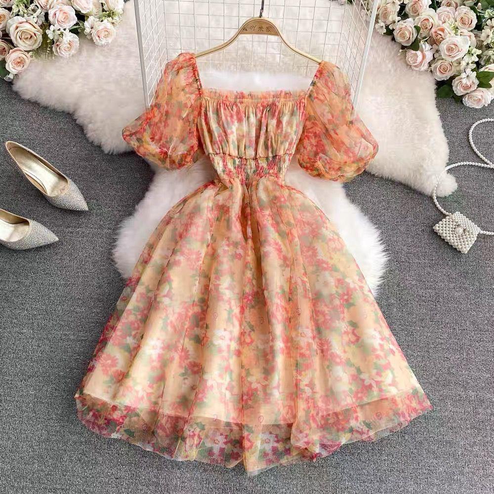 French Style Square Collar Floral Printed Women Chiffon Dress 2022 New Summer Short Sleeve High Waist Female Vestidos