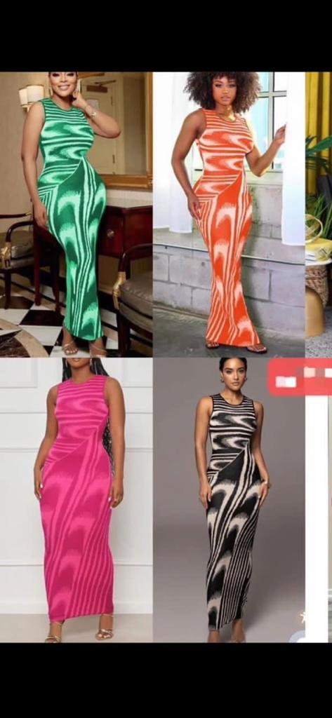 Women's Long Dress Slim Fit Round Neck Sleeveless Striped Print Bodycon Dress black,orange,pink,green