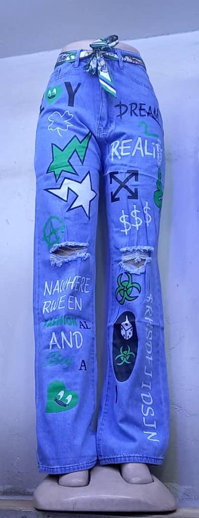 Cartoon & Letter Graphic Ripped wide leg Jeans