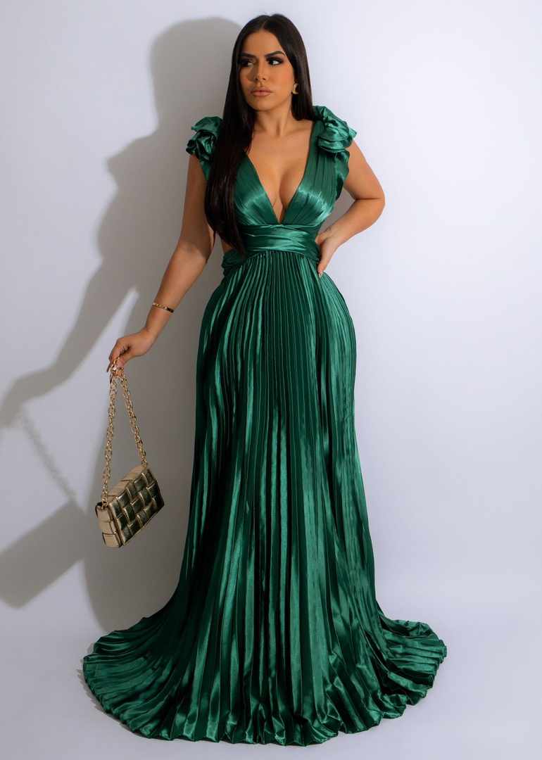 FLORENCIA DEEP V NECK RUFFLE MAXI PLEATED DRESS - EMERALD GREEN