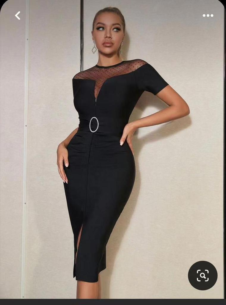 Diamond Statement Center Slit Bandage Dress - Black