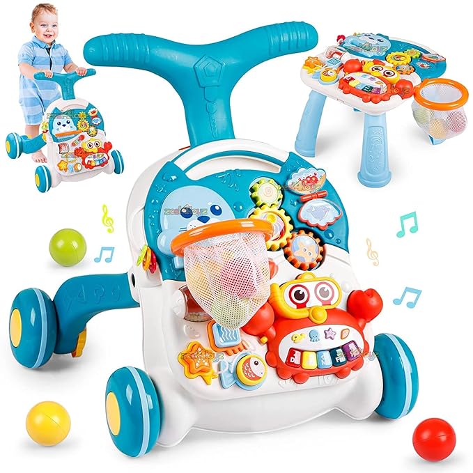 HUANGER-4 in 1 Baby Multifunction Walker, Game Panel, Sit-to-Stand Walker, Kids Multifunctional Activity Centre Music (blue)