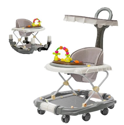 Multifunctional Baby Walker Anti-rollover Trolley Rocking Horse Music  - Grey