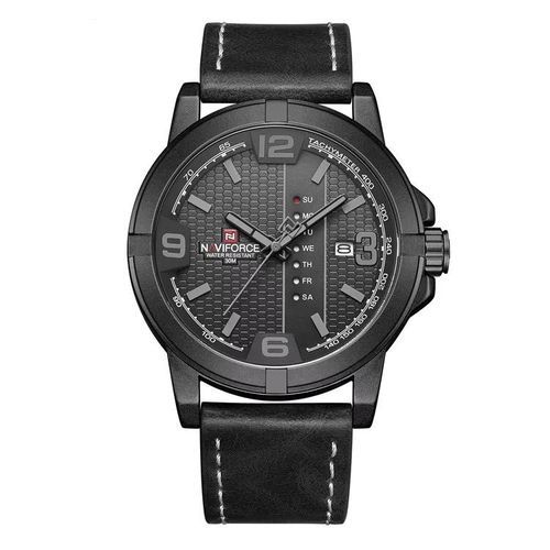 Naviforce Men's Leather Straps Dated Watch-Black