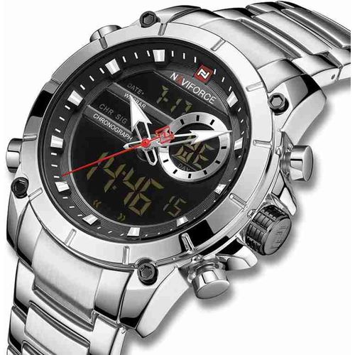Mens Waterproof Analog And Digital Stainless Watch - Silver