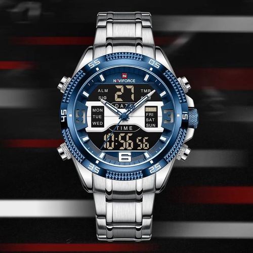 Digital And Analog LED Display Watch _ Silver Blue