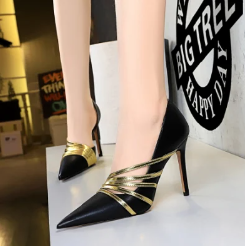 Slim Super High Heels with Color Matching Strap Side Hollow Women Shoes