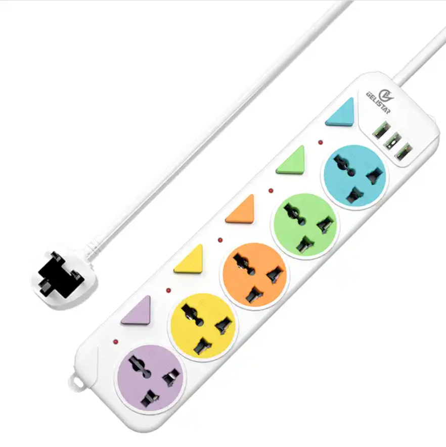 High Quality 5Way Individual Switch colorful Power Strip 2M Cable Child Proofing Multiple Plug Extension Cord Socket with 3 USB