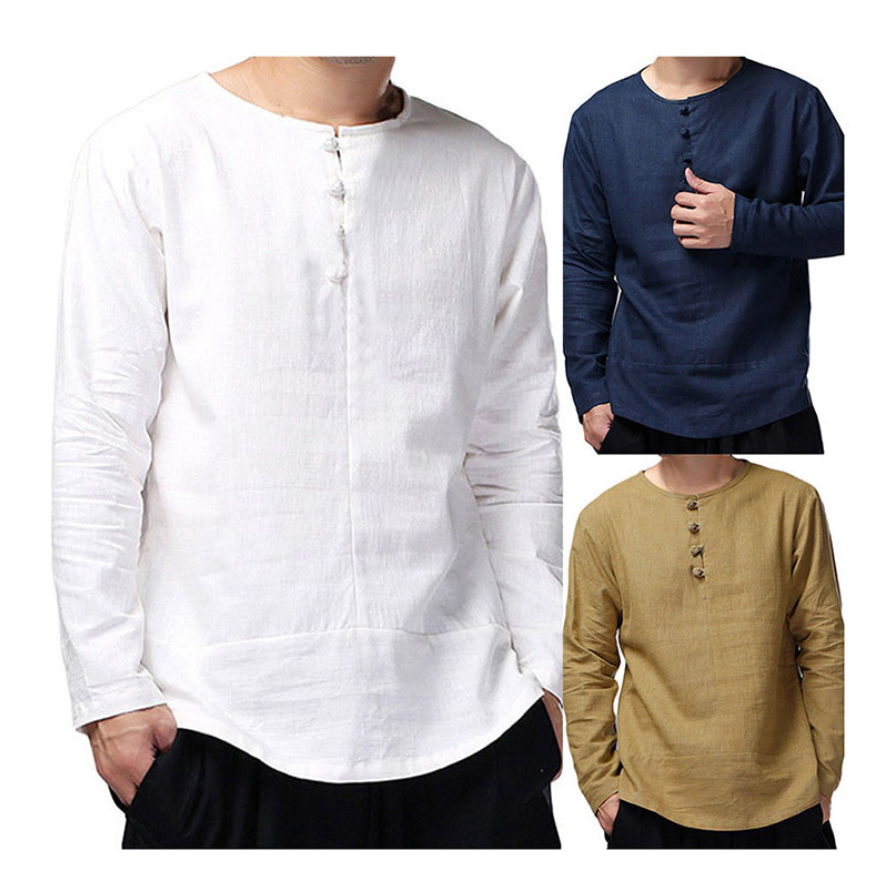 Men Slim Fit Blank T Shirt Button Up O-Neck Long Sleeve