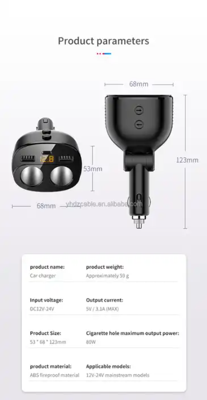 New with switch one for three QC3.0 fast charging car socket one for two USB car charger PD+ QC fast charging