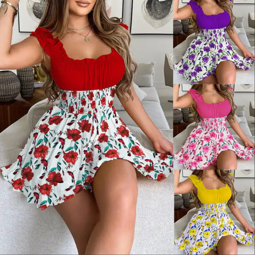 Women High Waist Floral Casual Mini Dress