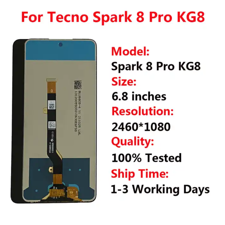 Pantalla For Tecno Spark 8 KG6 LCD Display Touch Screen Digitizer 8C KG5k For Tecno KG7 8P 8T 8 Pro KG8 Ecran LCD Spare Parts