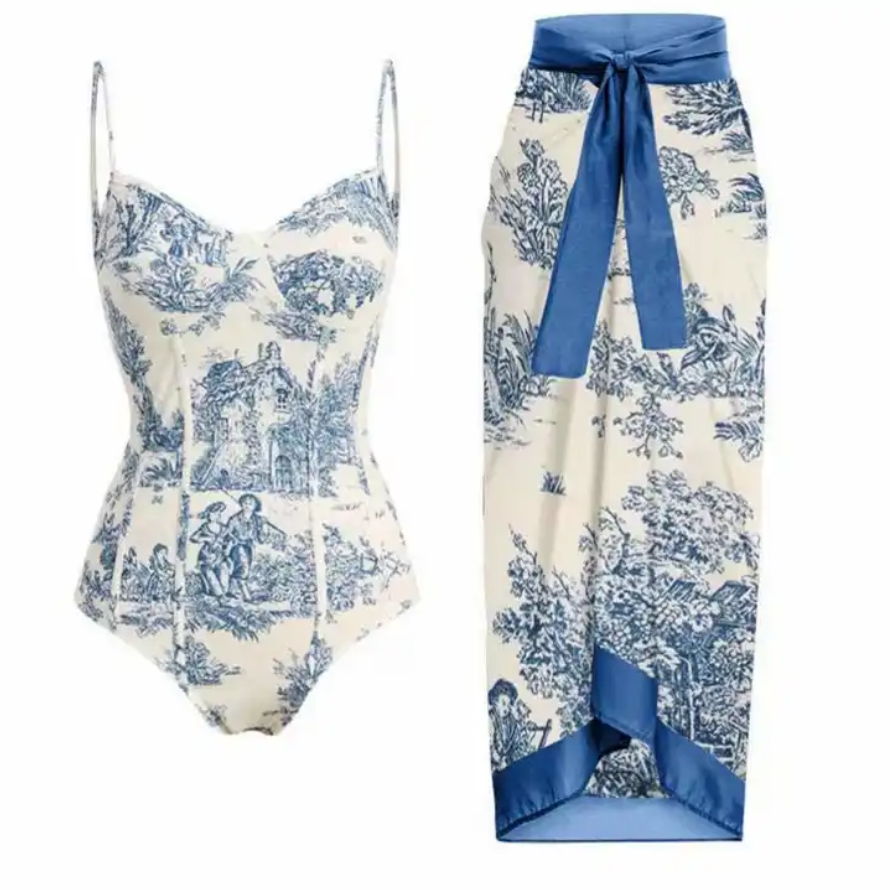 One Piece Bikini Chiffon Long Skirt Beach Sun Proof Bathing Suit