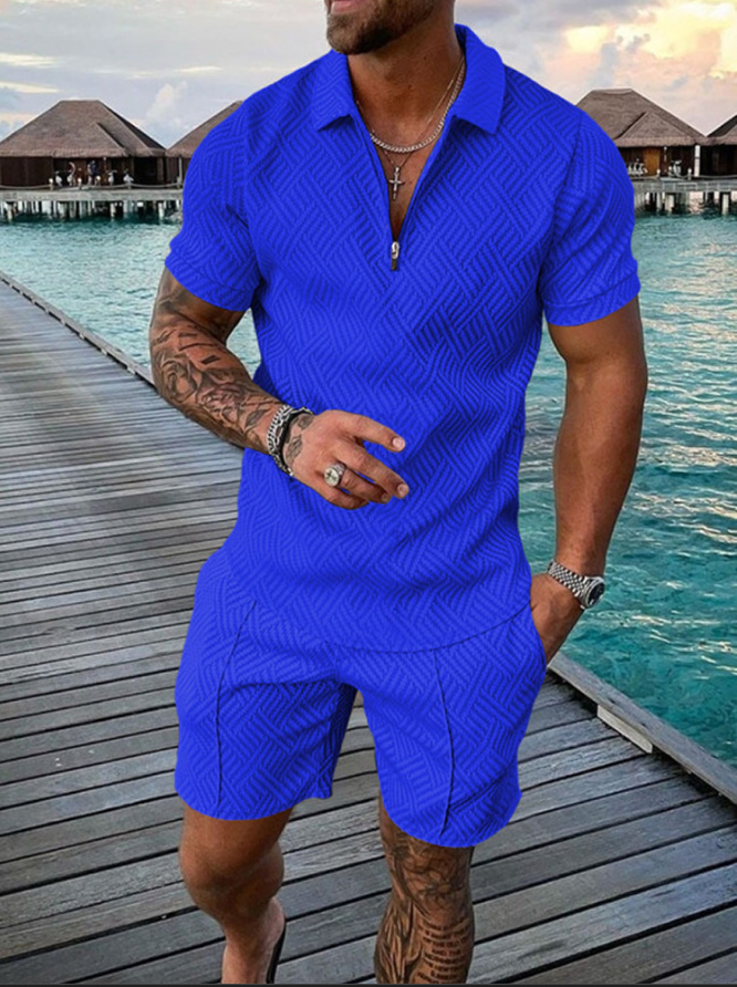 Patchwork Short Sleeve Polo Shirt Shorts Male Slim Fit Suit