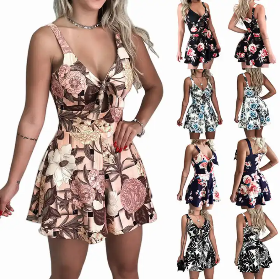 Sling Chest Bow Tie Print Loose One Piece Shorts Jumpsuits