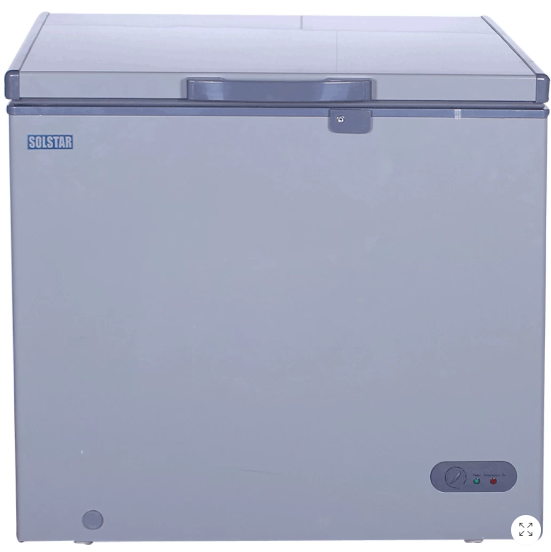 Solstar Chest Freezer 247 Litres With Sliding Glass Door Led Lighting CFC Free 2 Baskets Lock & Key Grip Handle - Silver