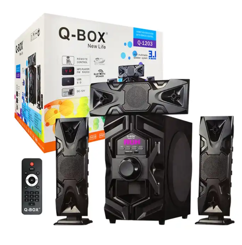 Q-BOX Q-1203 3.1 Channel Speaker 6.5 Inch Subwoofer Home Theatre Speaker System With USB /SD / BT