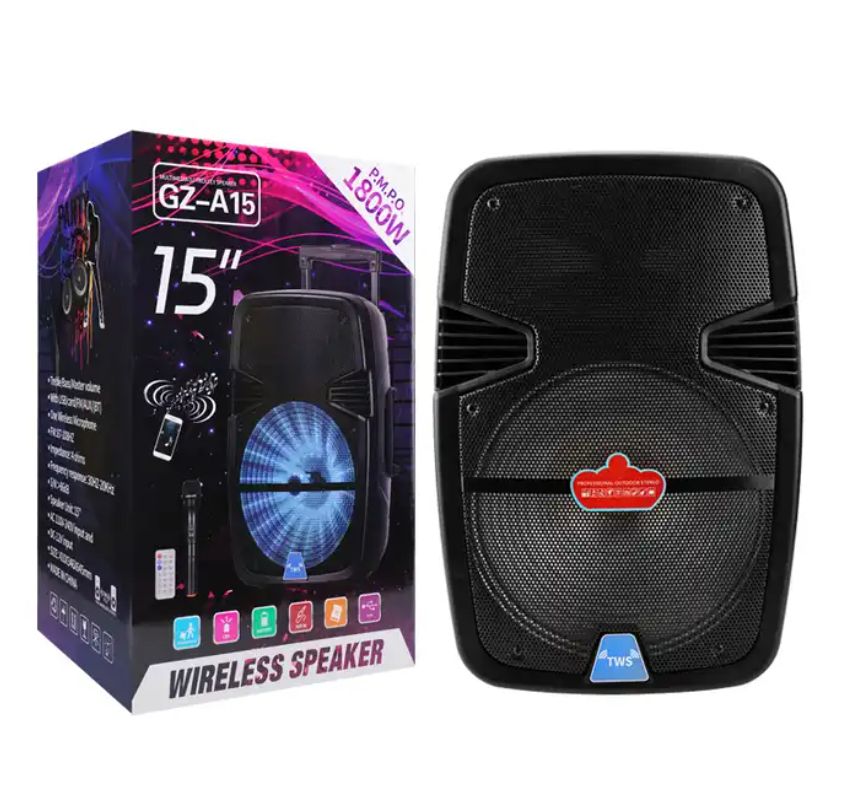 GZ-A15 ,15 inch wireless speaker and portable sound box speaker professional speaker