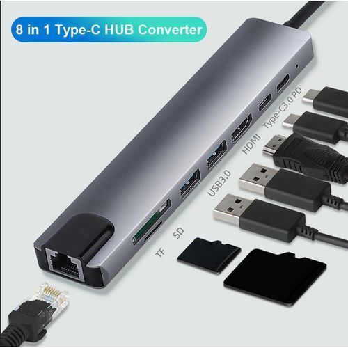 Hub 8 In 1 Type-C HUB Converter 4K HDMI-compatible 2 USB3.0 USB C PD SD/TF RJ45 Docking Station - Black