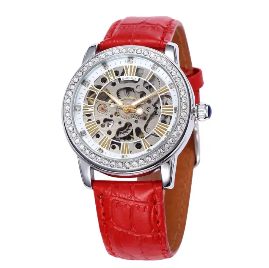 SHENHUA 9592N Lady Mechanical Wrist Watch Women Skeleton Automatic Self-Wind Watches with Rhinestone