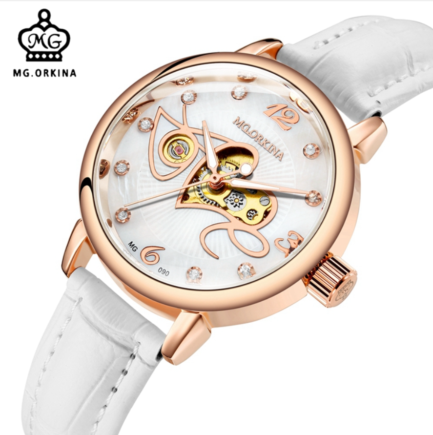 MG.ORKINA MG090 Newest Women Beautiful Rhinestone Leather Strap Mechanical Automatic Classic Dress Watch