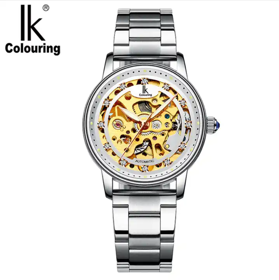 IK Colouring 98465G2 Women Luxury Automatic Mechanical Wristwatch Elegant Luminous Skeleton Self-wind Watches for Lady