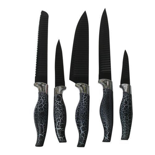 6 Piece Non Stick Knife Set On A Wooden Stand-Black. 