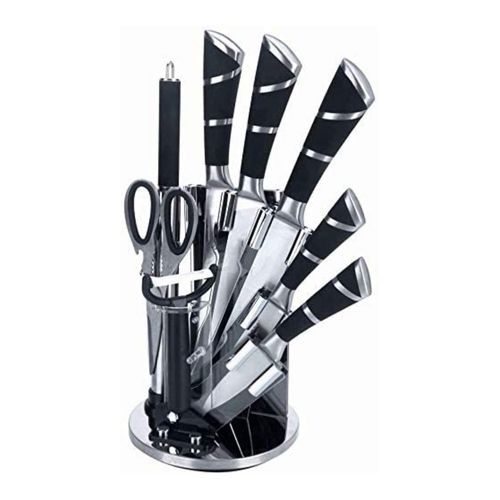 9 Pcs Kitchen Knife Set with 360° Rotating Acrylic Stand, Black. 