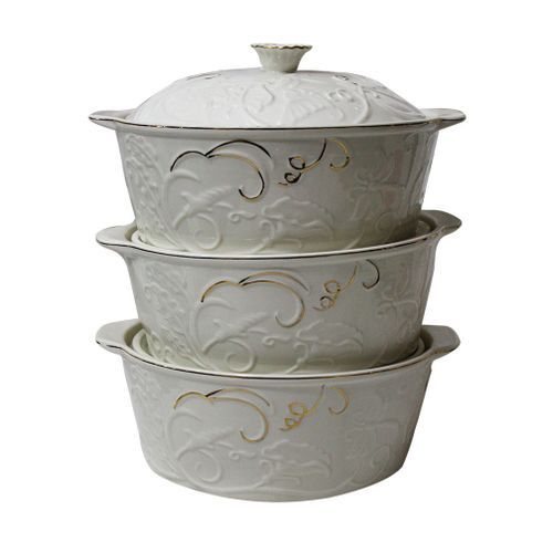 3 Piece Flowered Self Design Serving Dishes With Gold Designs - White