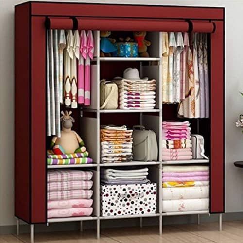 3 Column Cloth  Frame Portable Wardrobe - Maroon