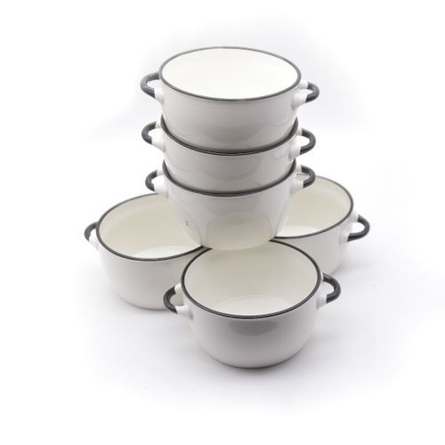 6 Pieces Of  Soup Bowls With Black Handles - White