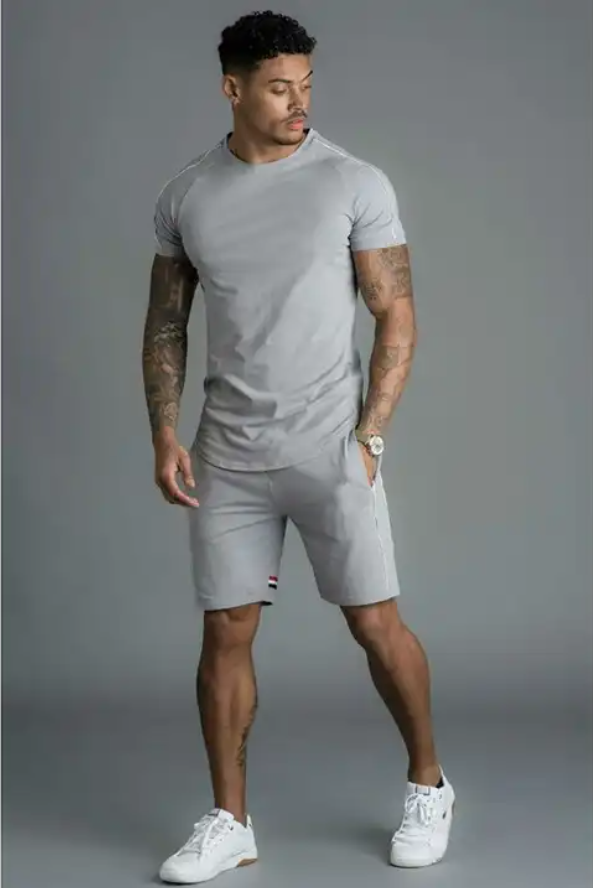 Summer Men 2 Piece Short Set Short Sleeve Breathable Men T-shirt Men's Casual Loose Sportswear