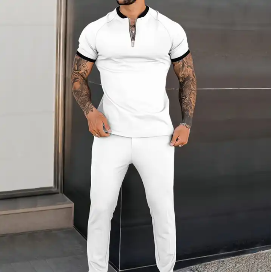 Summer Men Two Piece Sets , Men Streetwear Casual Tracksuit O Neck Short Sleeve T-shirts Trousers Set