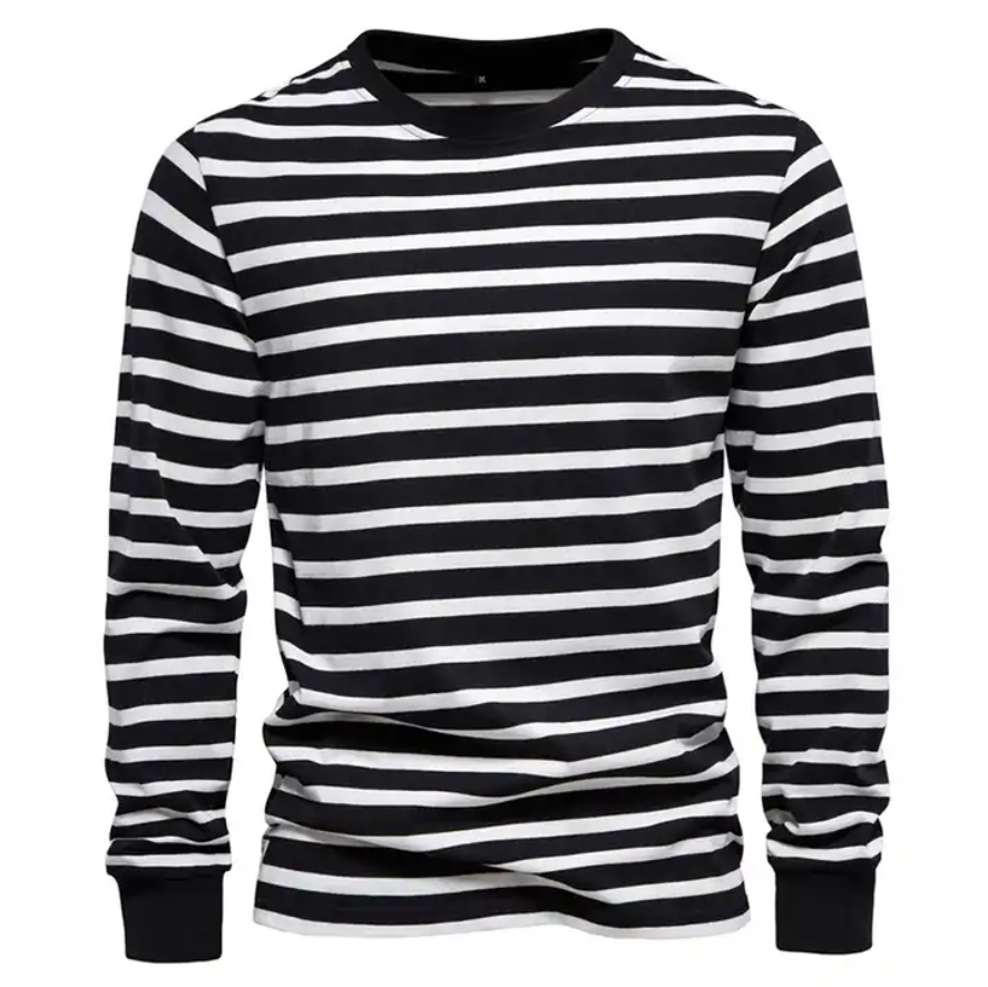 New Casual Long Sleeve T -shirt Men's 100% Cotton Stripes Round Neck Men's Bottom Shirt