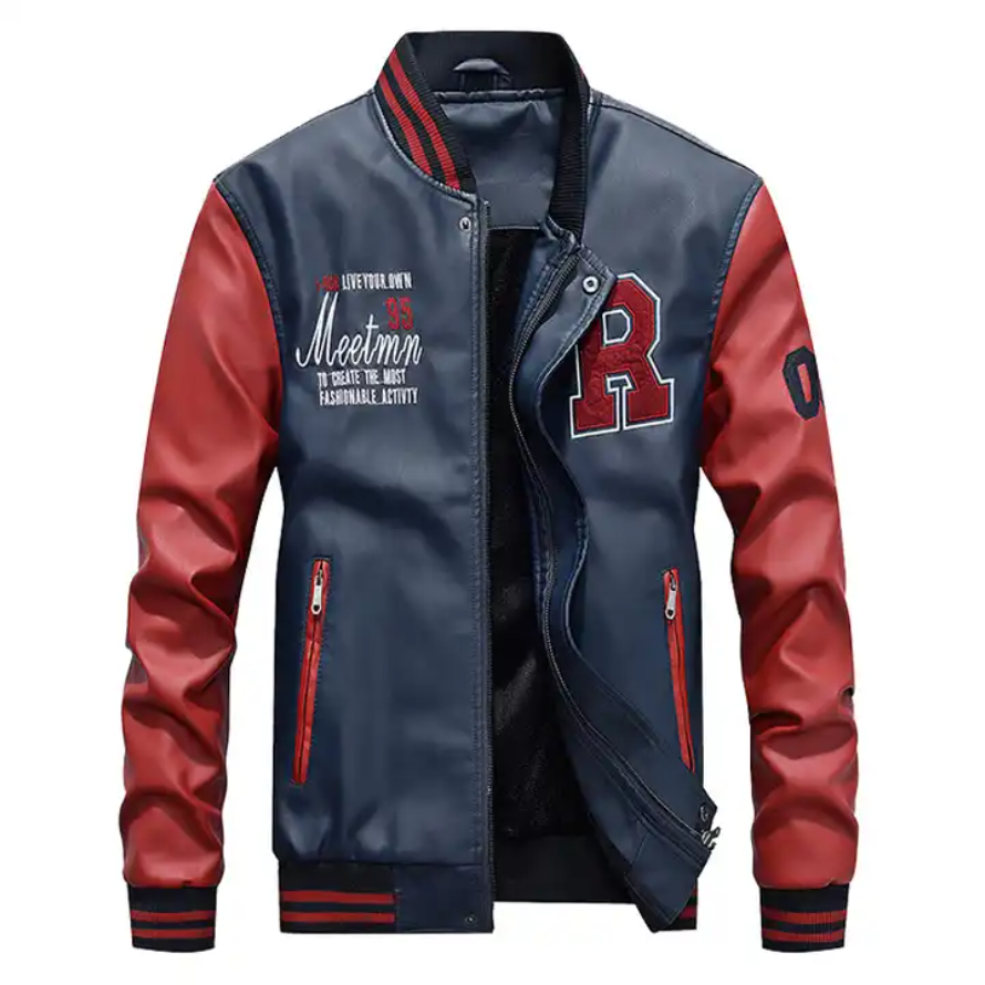 Plus Size Men's Embroidery Baseball Pu Jackets Coats Slim Fit Pilot Leather Jackets