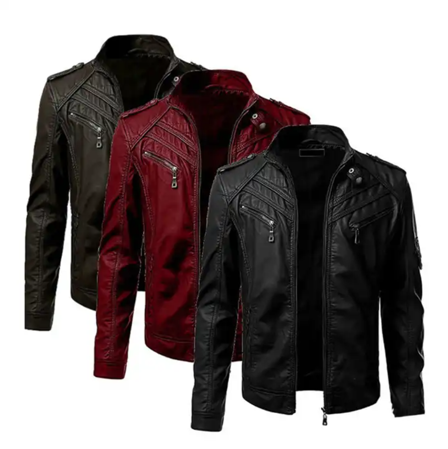 S-5xl Men's Bicycle Leather Jacket Splicing Stand Collar Jacket Men Fashion Leather Jacket