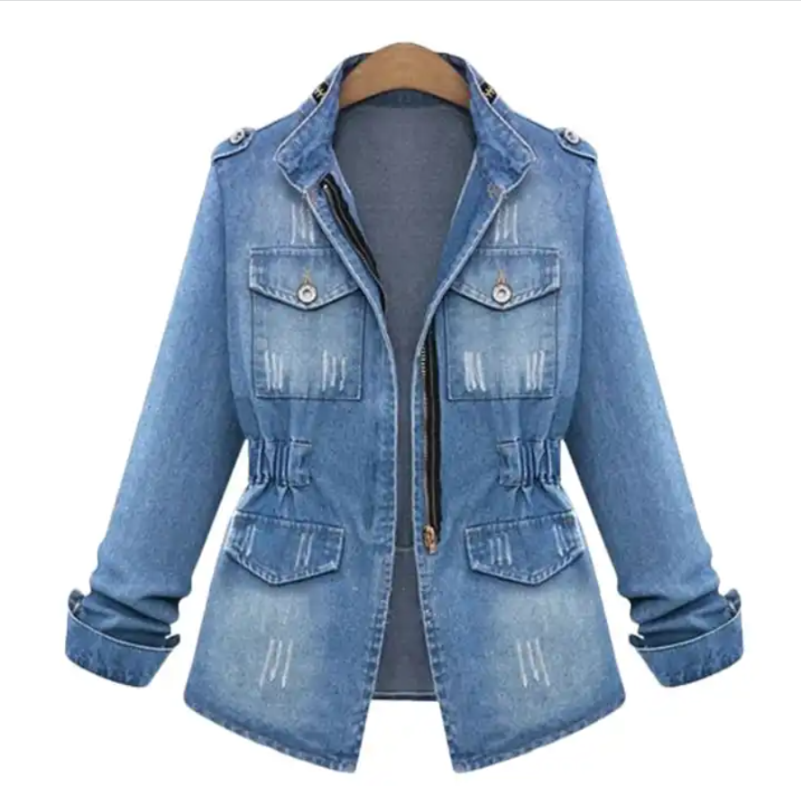 Women Plus Size S-5XL Jean Jackets ,Turn-Down Collar Pocket Casual Denim Coat