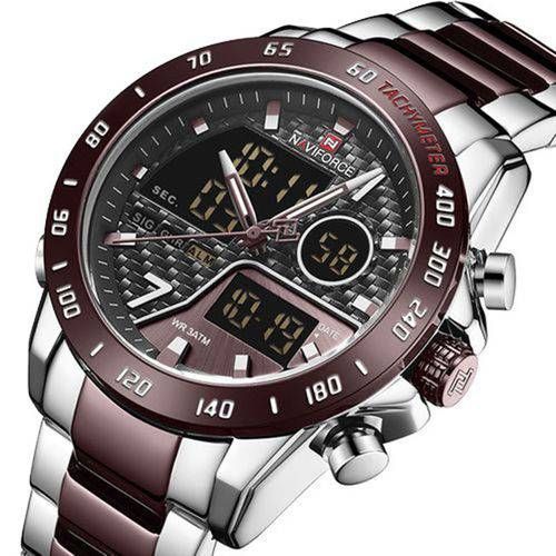 Men's stainless steel dual watch - silver/brown