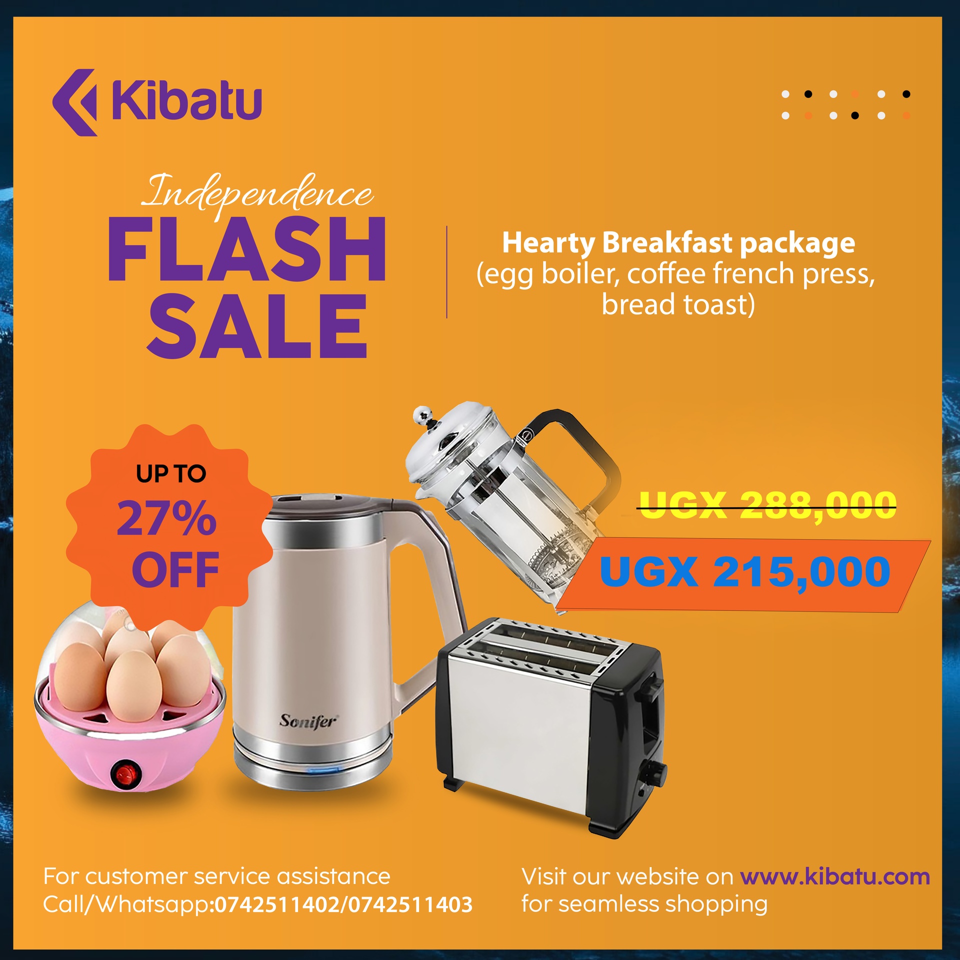 Hearty Breakfast Package ( Egg Boiler, Coffee French Press, Toaster, Kettle )