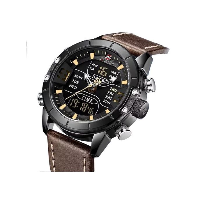 Naviforce Leather Strapped Dual Digital Watch - Brown